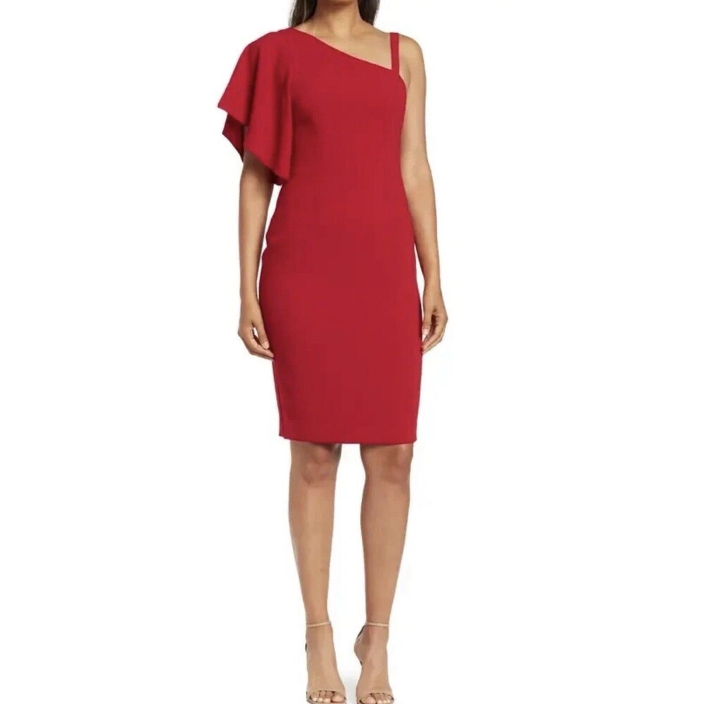 Trina Turk Upbeat Red One Shoulder Ruffle Sheath Cocktail Dress Crepe Sz 0
